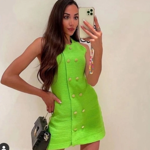 Zara Dresses & Skirts - ZARA Tweed Green Dress Gold Medium